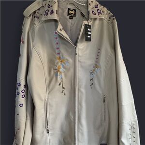 Plus Size Faux Leather Jacket | Embroidered Jacket | Ameri Mode Cream Color 3x